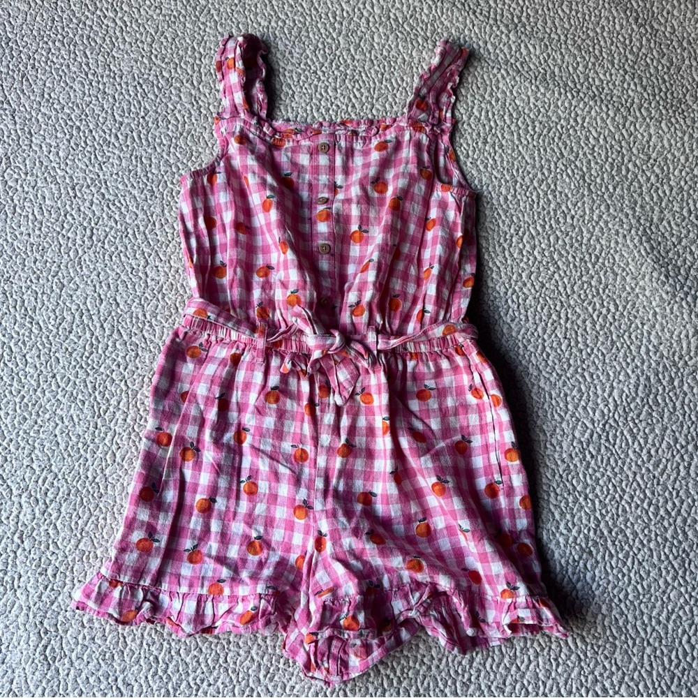 Mini Boden Linen Cotton Blend Pink Ruffle Romper Azalea Ivory Gingham Size 9-10